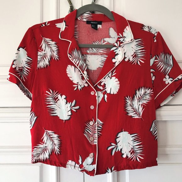 Bright Red Leaf-Print Hawaiian Crop Button-Down Shirt by Forever21 - Size Small - Picture 1 of 16